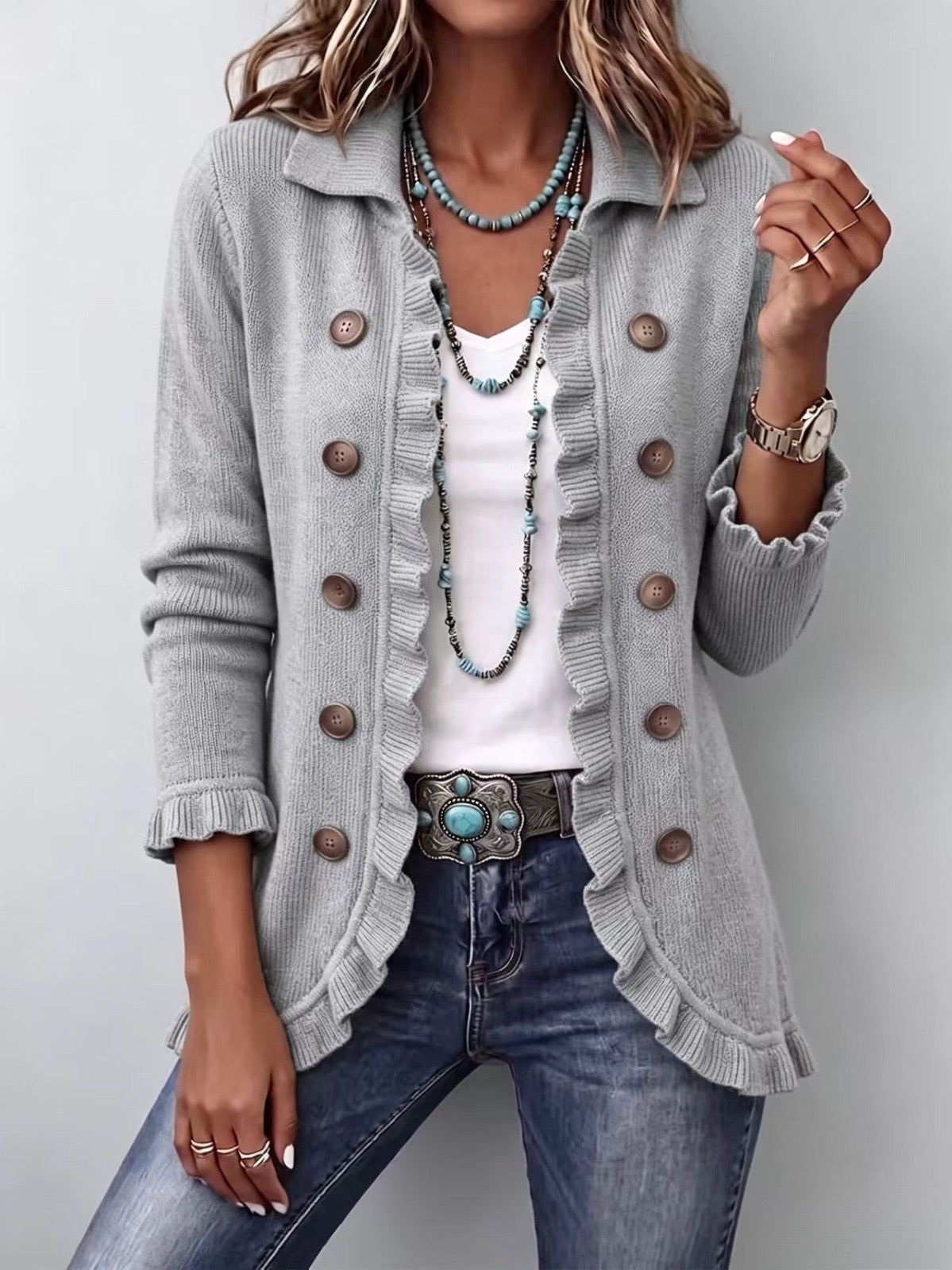 Teodora | Chaqueta de Punto Gris Mélange con Volantes