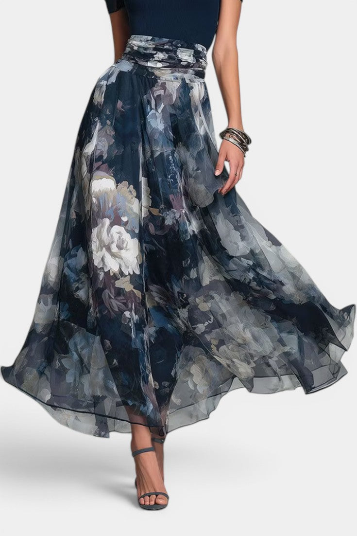 Paulina - Vestido Largo de Punto y Gasa Floral con Escote Cuadrado