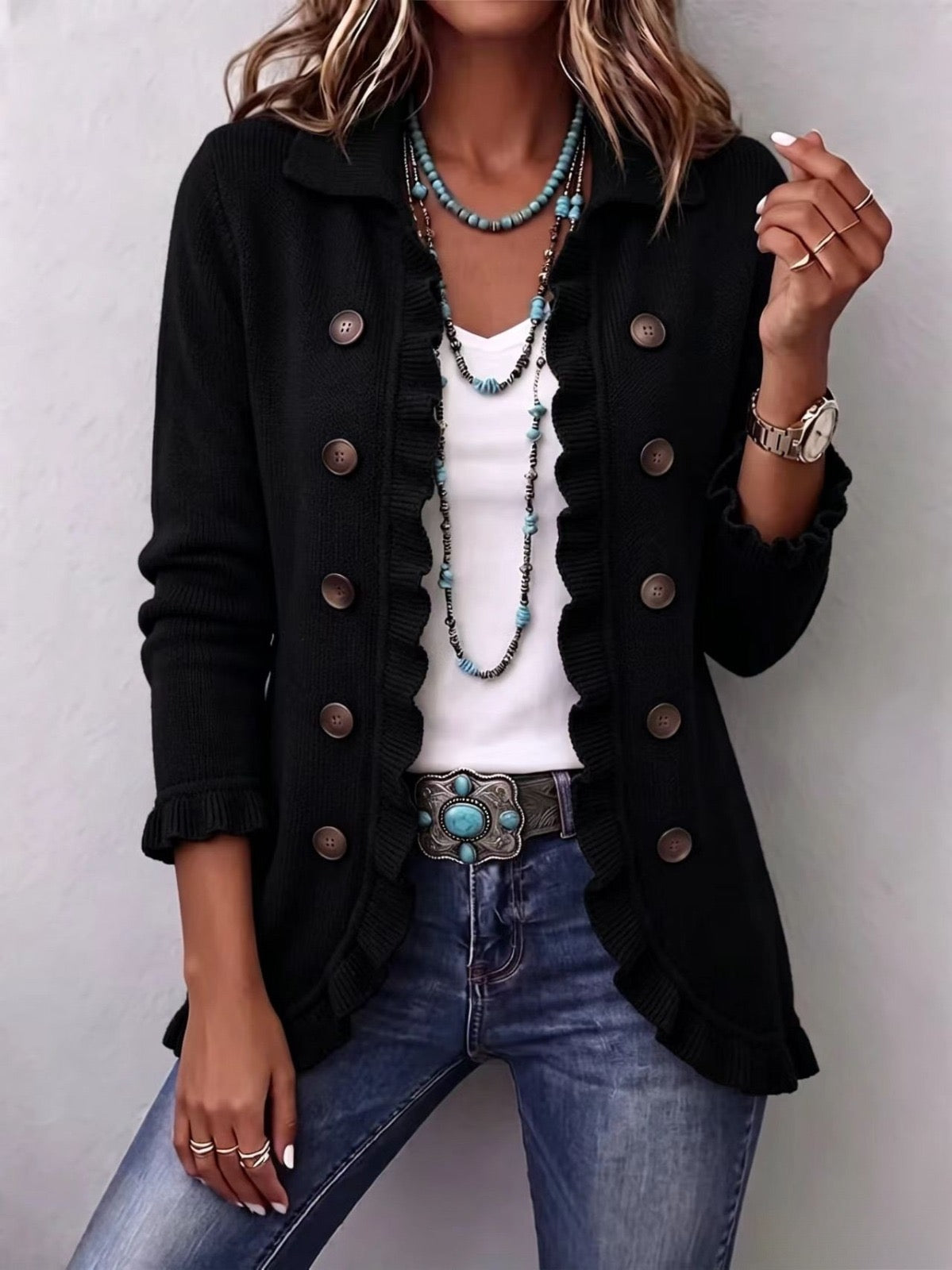 Zaira | Chaqueta de Punto Negro Intenso con Volantes