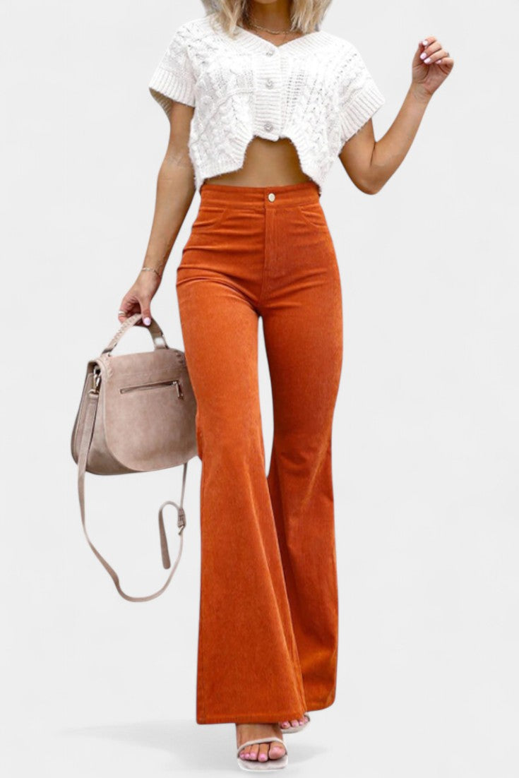 Kiara Pantalones de Terciopelo de Cintura Alta y Pierna Ancha