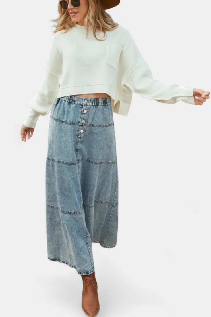Lorraine - Falda Larga de Denim con Detalle de Plumas