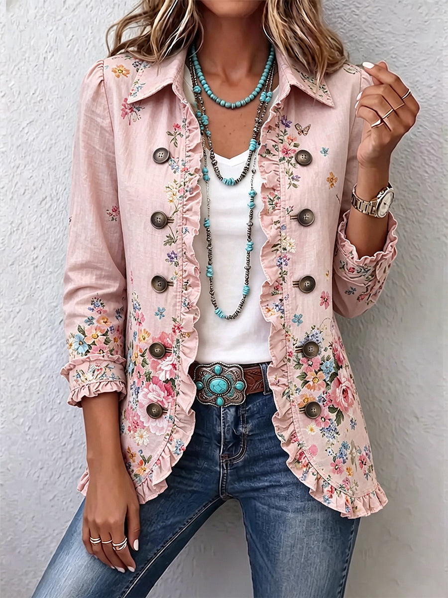 Martina | Chaqueta Florida Rosa con Volantes y Botones