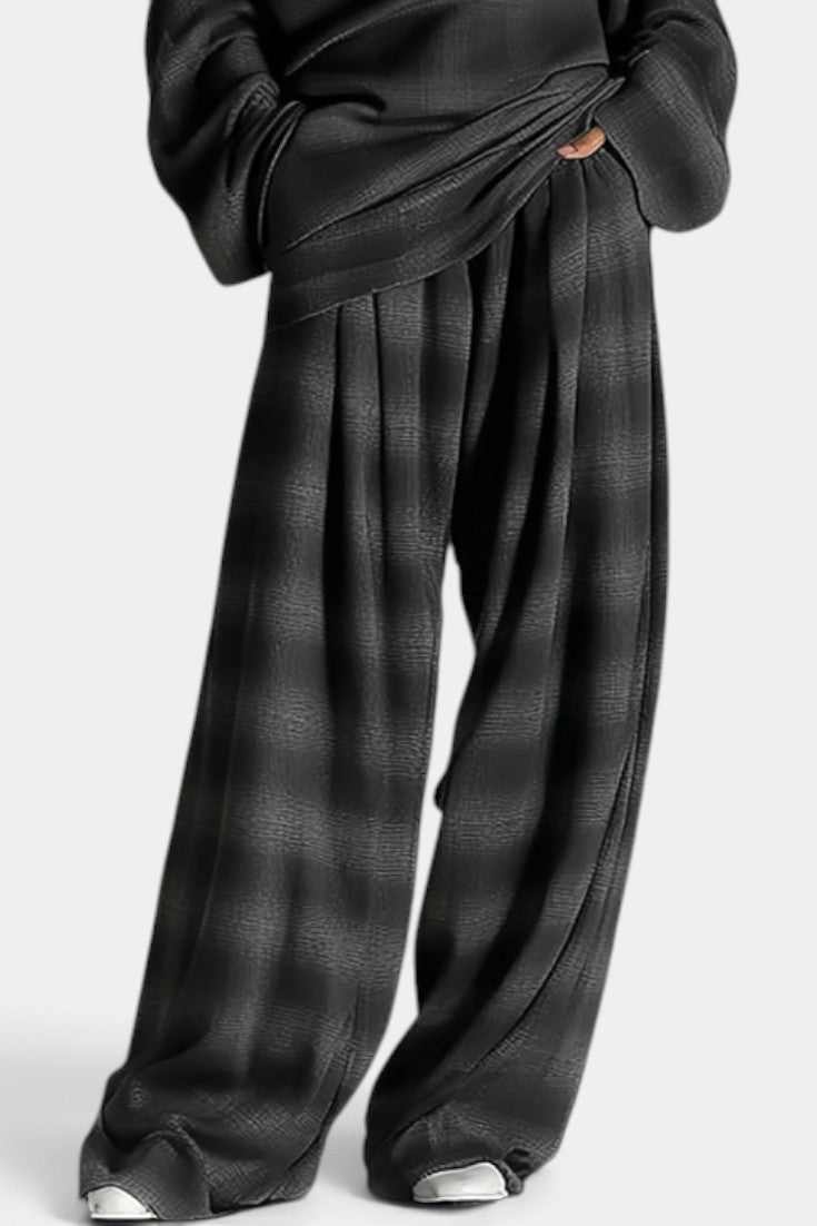 Isidora - Conjunto Amplio Hombros Descubiertos y Pantalón Ancho de Cuadros