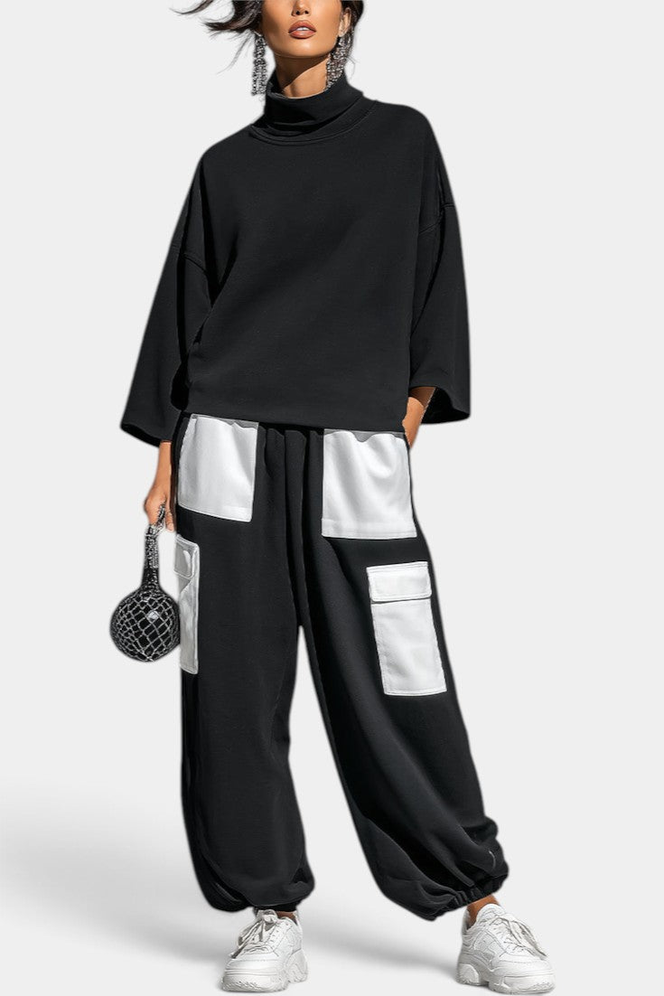 Alejandra - Conjunto Casual Cuello Alto y Pantalón Cargo Contrastado