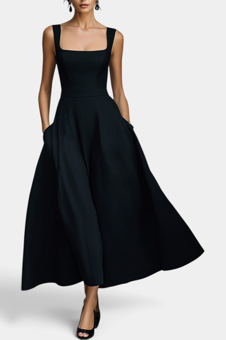 Amaranta - Vestido Midi Acampanado con Escote Cuadrado y Bolsillos