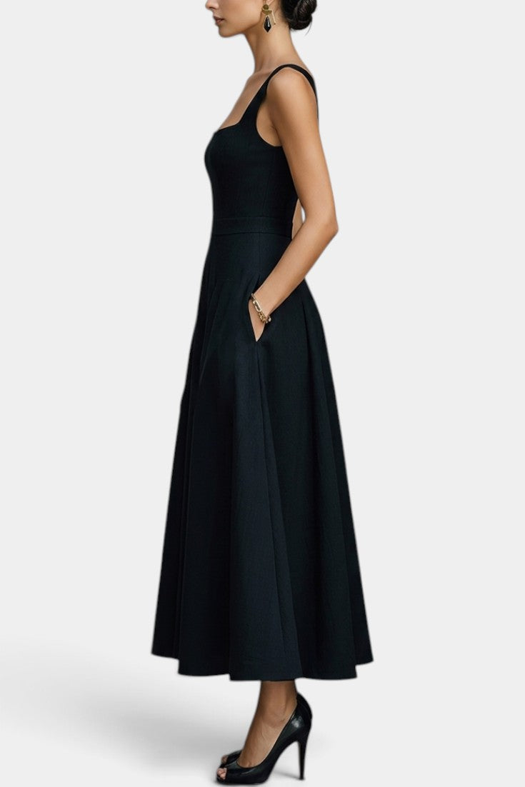 Amaranta - Vestido Midi Acampanado con Escote Cuadrado y Bolsillos