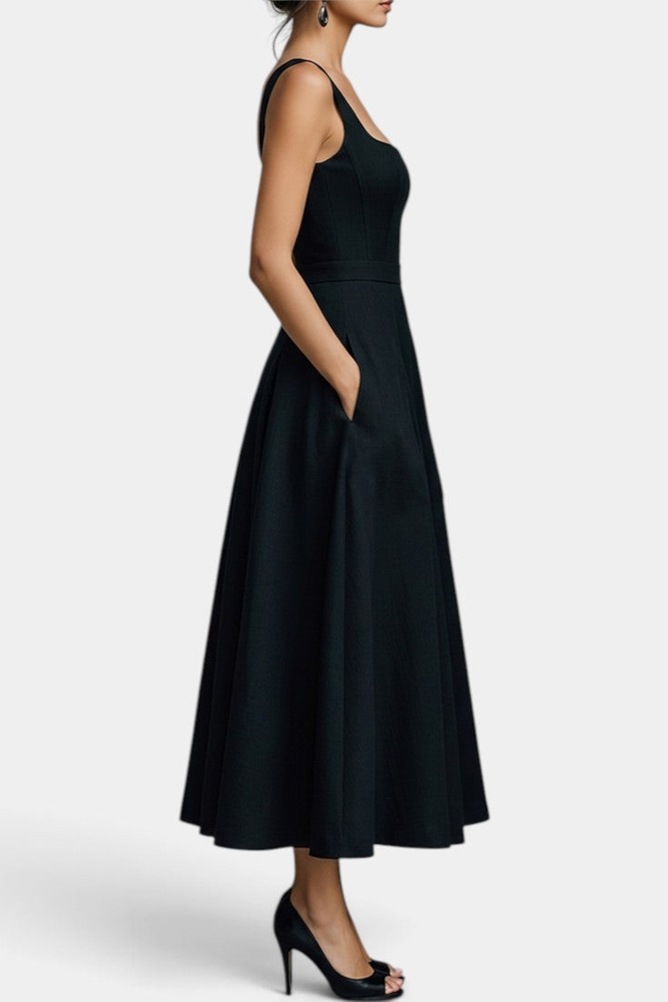 Amaranta - Vestido Midi Acampanado con Escote Cuadrado y Bolsillos