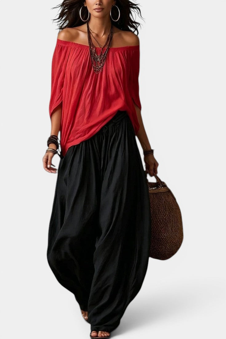 Gersande - Conjunto Blusa Hombros Descubiertos y Pantalón Amplio