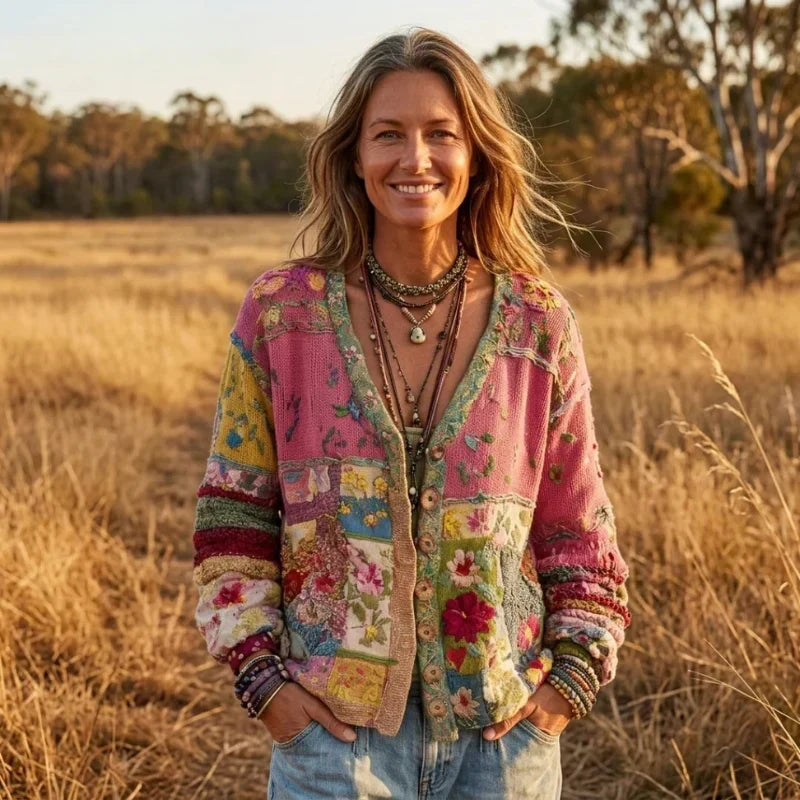 OPAL | Cárdigan patchwork de punto floral bohemio
