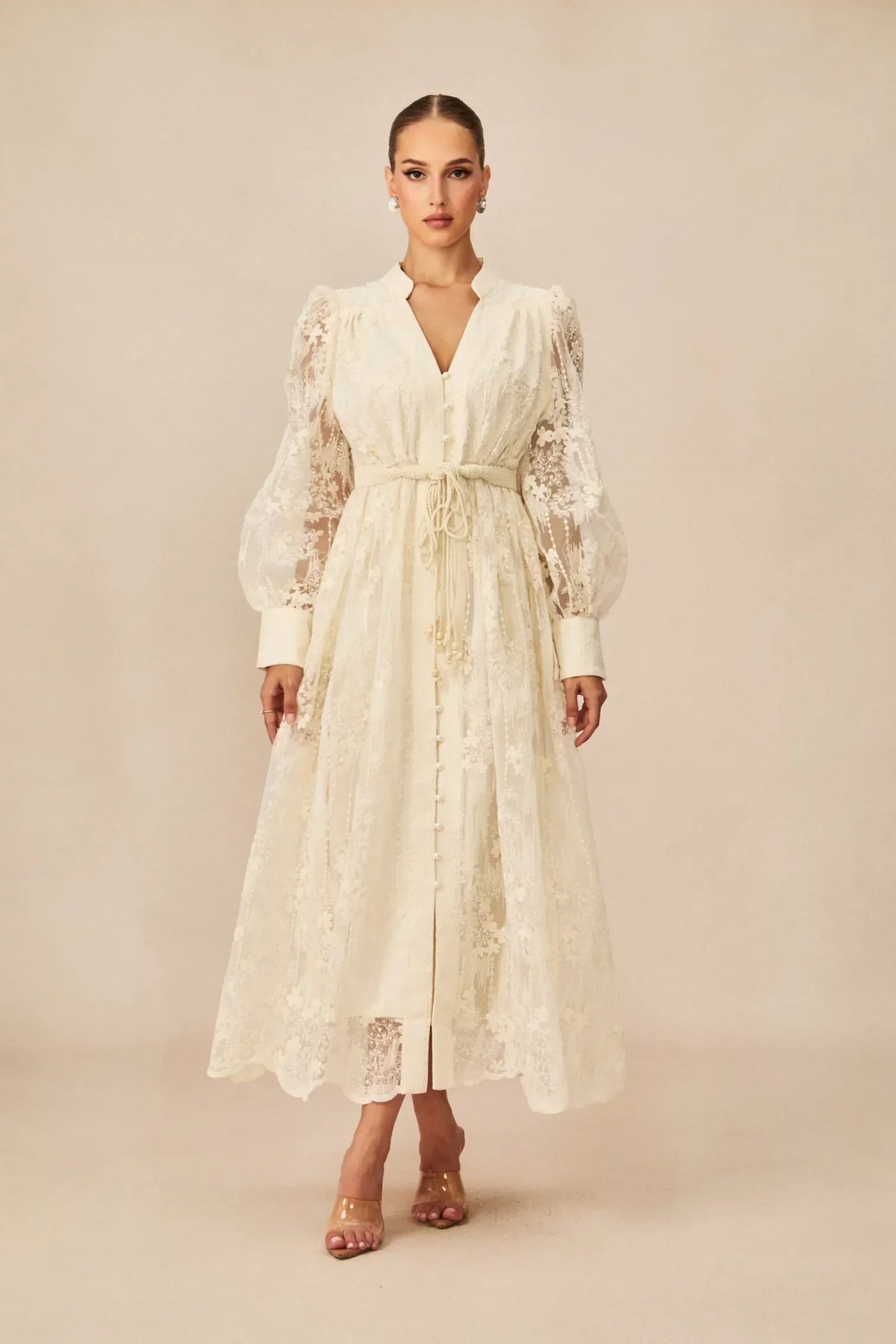 Éléonore | Vestido Midi de Encaje Bordado con Escote en V