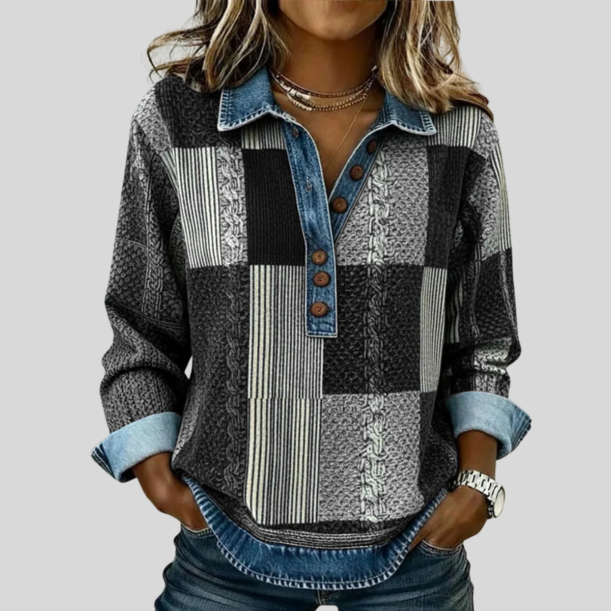 CHLOE | Sudadera bicolor con tapeta de botones