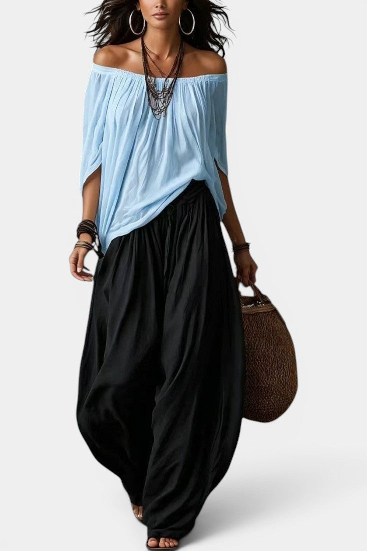 Gersande - Conjunto Blusa Hombros Descubiertos y Pantalón Amplio