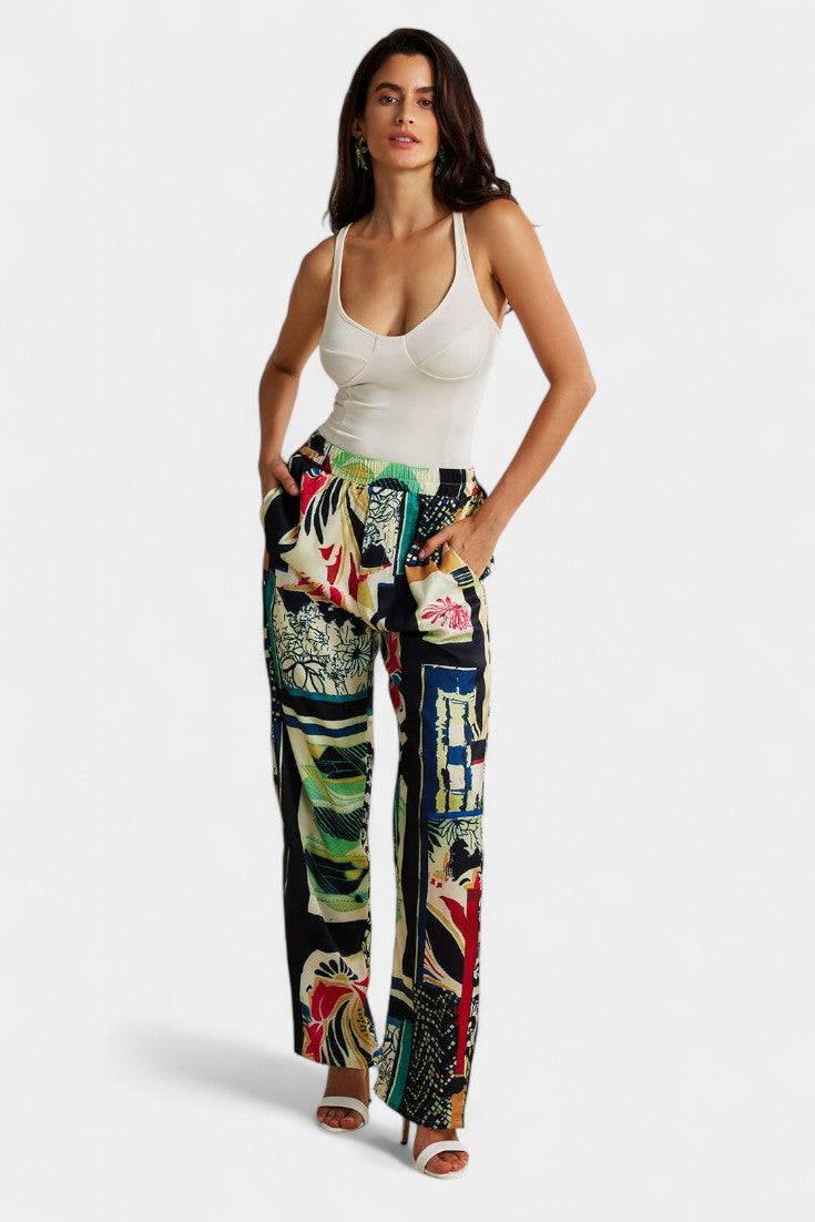 Arce - Pantalón Recto de Cintura Alta con Estampado Floral