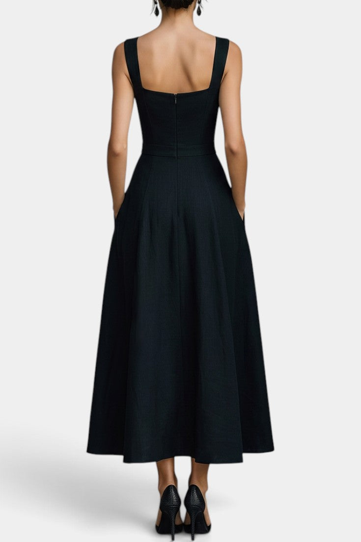 Amaranta - Vestido Midi Acampanado con Escote Cuadrado y Bolsillos