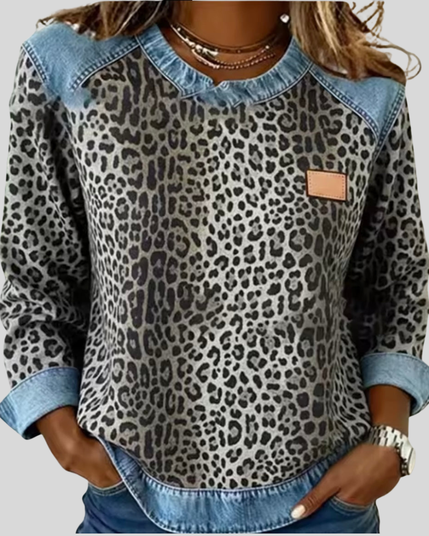 EMMA | Jersey de leopardo con cuello efecto denim