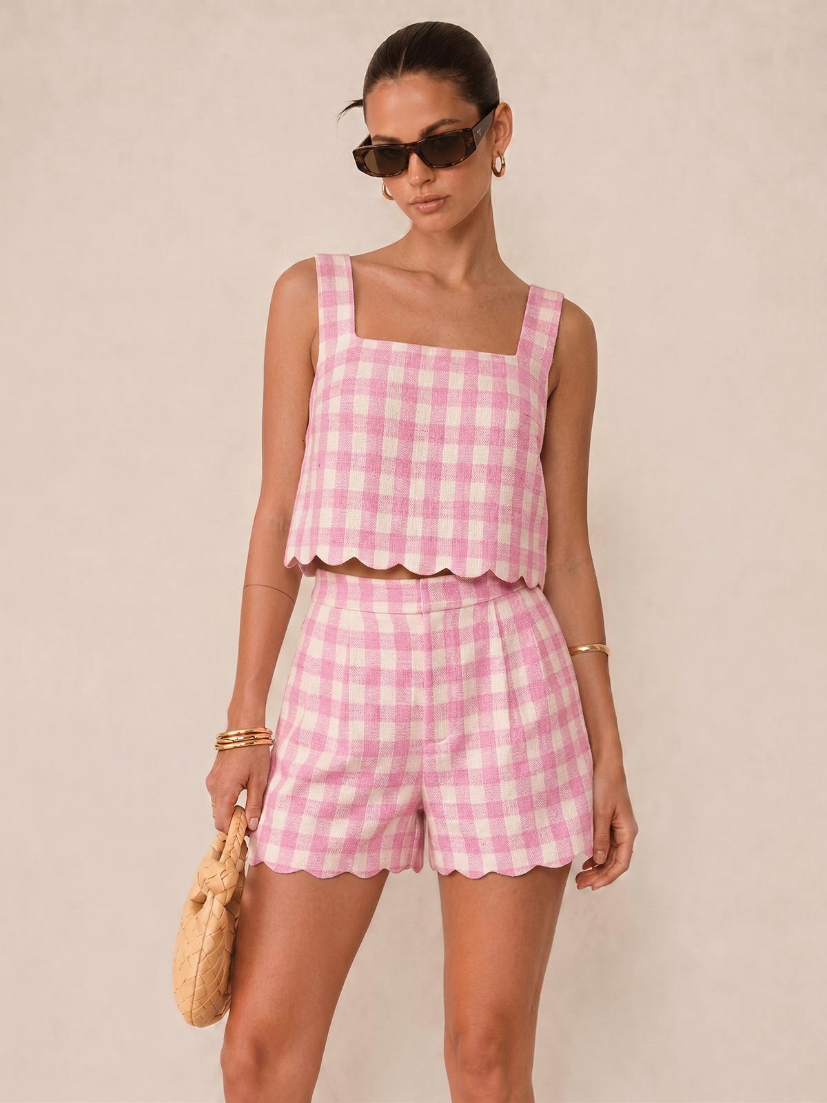 Conjunto Top Corto con Dobladillo Festoneado a Cuadros y Shorts