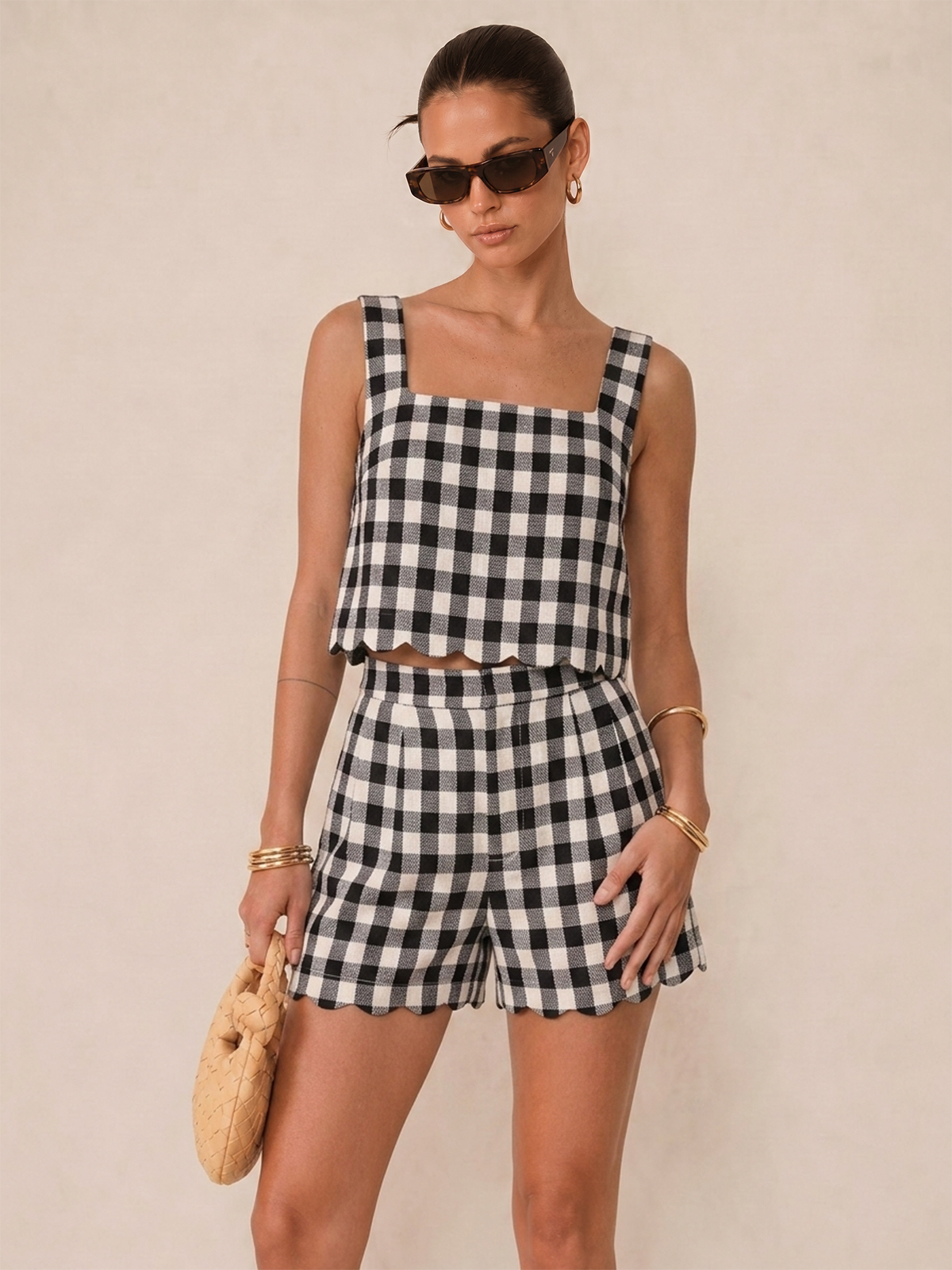 Conjunto Top Corto con Dobladillo Festoneado a Cuadros y Shorts