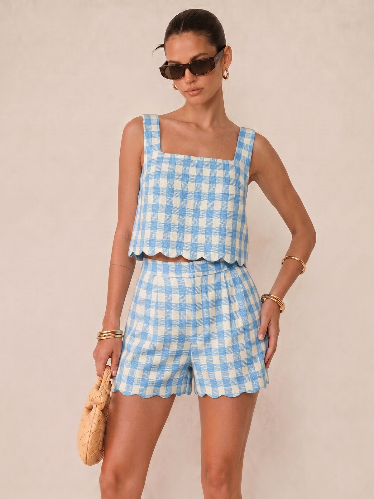 Conjunto Top Corto con Dobladillo Festoneado a Cuadros y Shorts