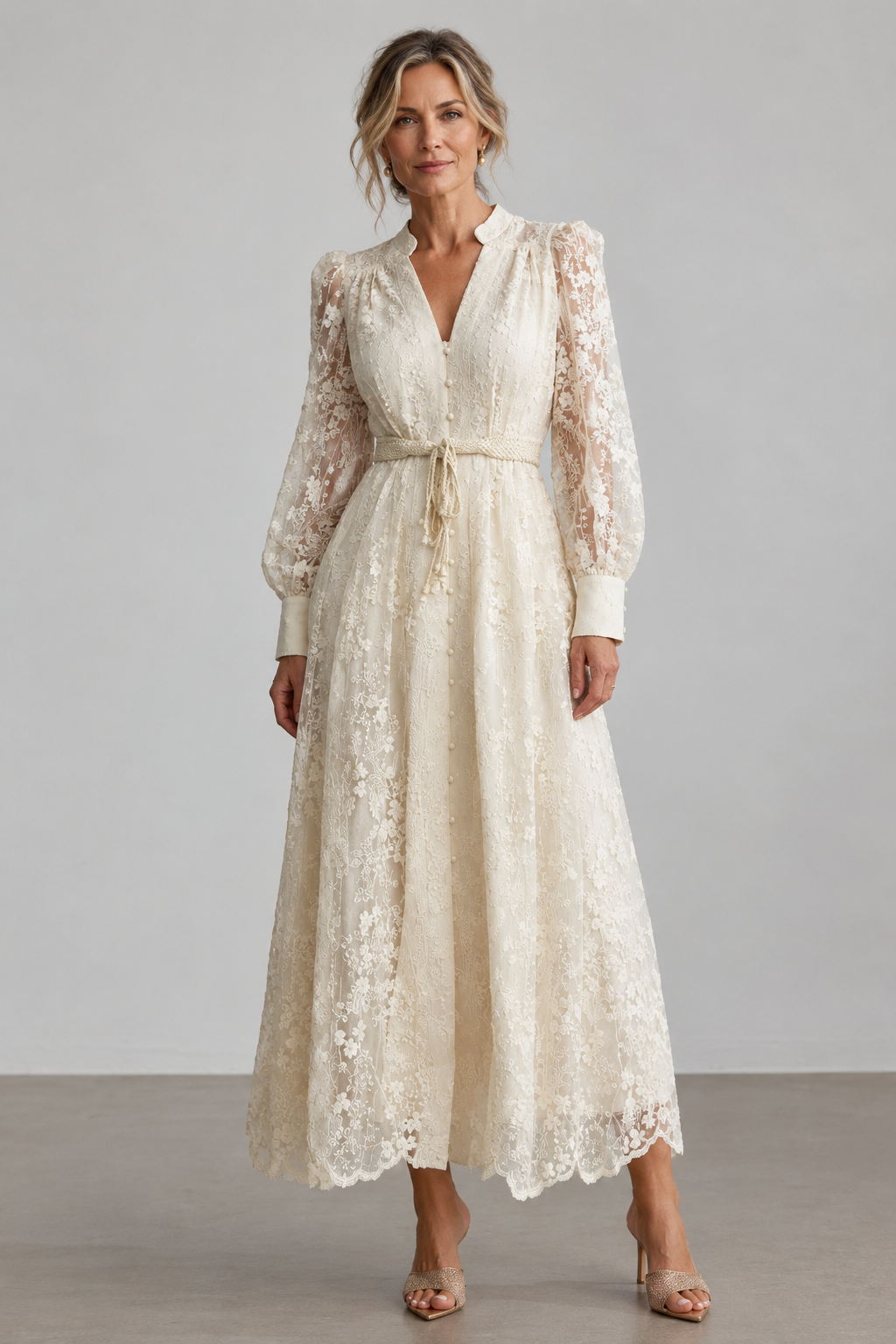 Éléonore | Vestido Midi de Encaje Bordado con Escote en V