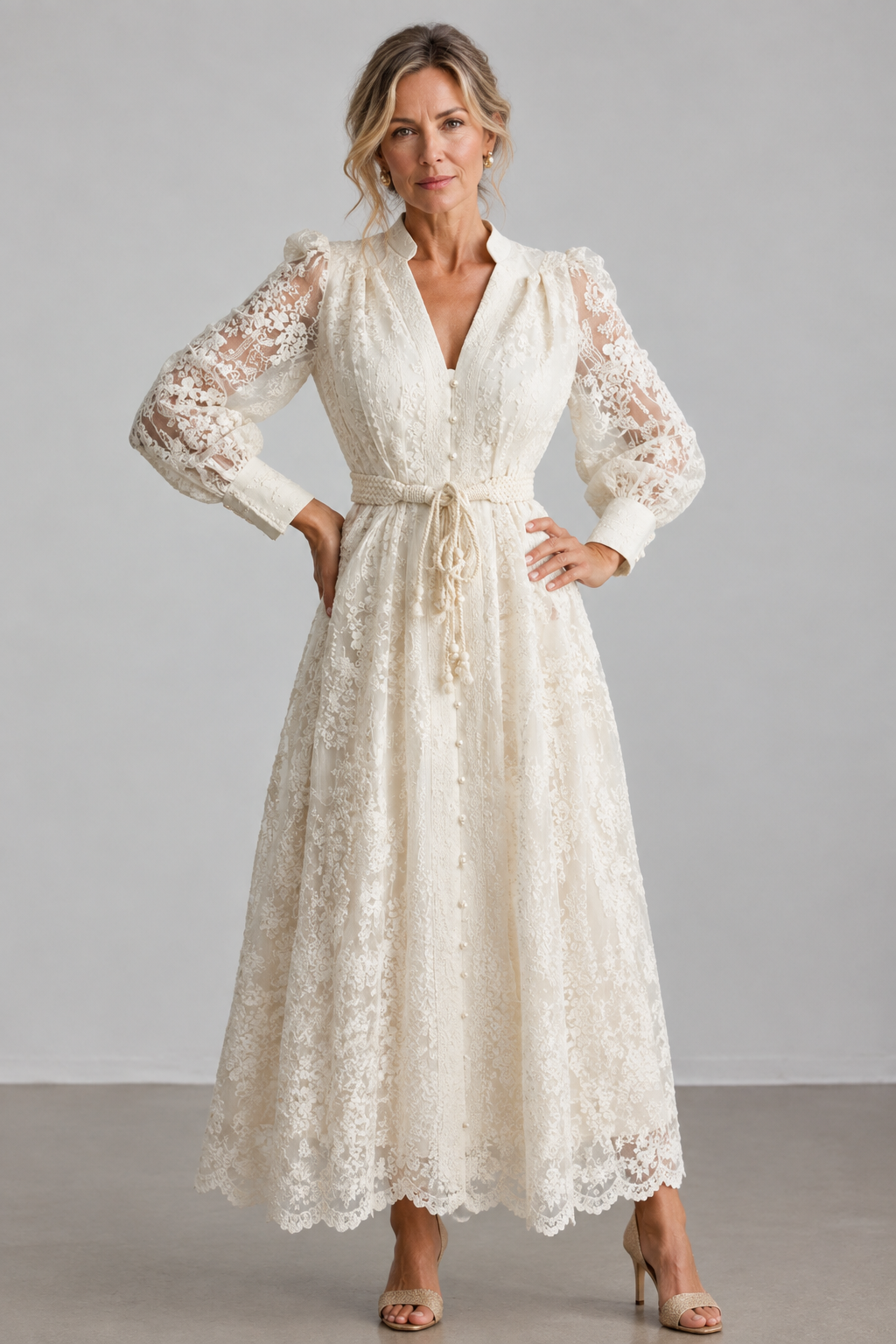Éléonore | Vestido Midi de Encaje Bordado con Escote en V