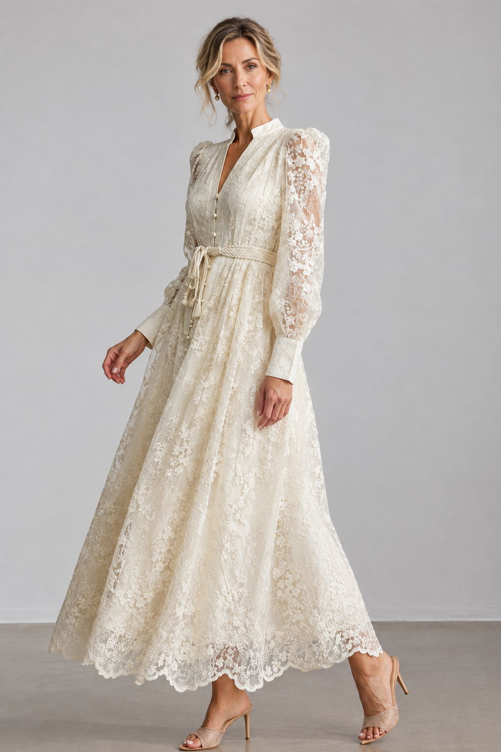 Éléonore | Vestido Midi de Encaje Bordado con Escote en V