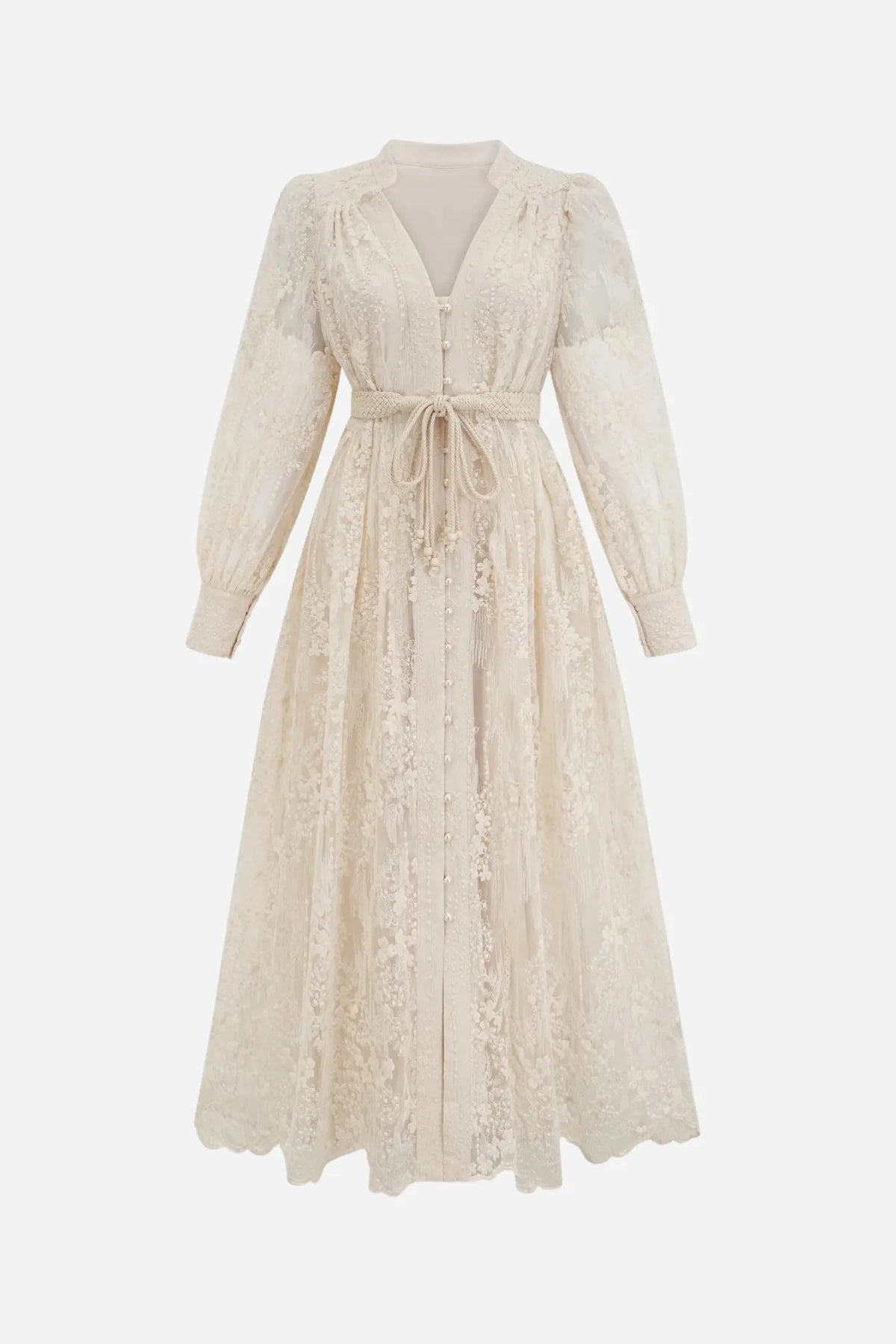 Éléonore | Vestido Midi de Encaje Bordado con Escote en V