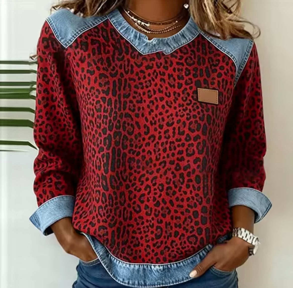 EMMA | Jersey de leopardo con cuello efecto denim