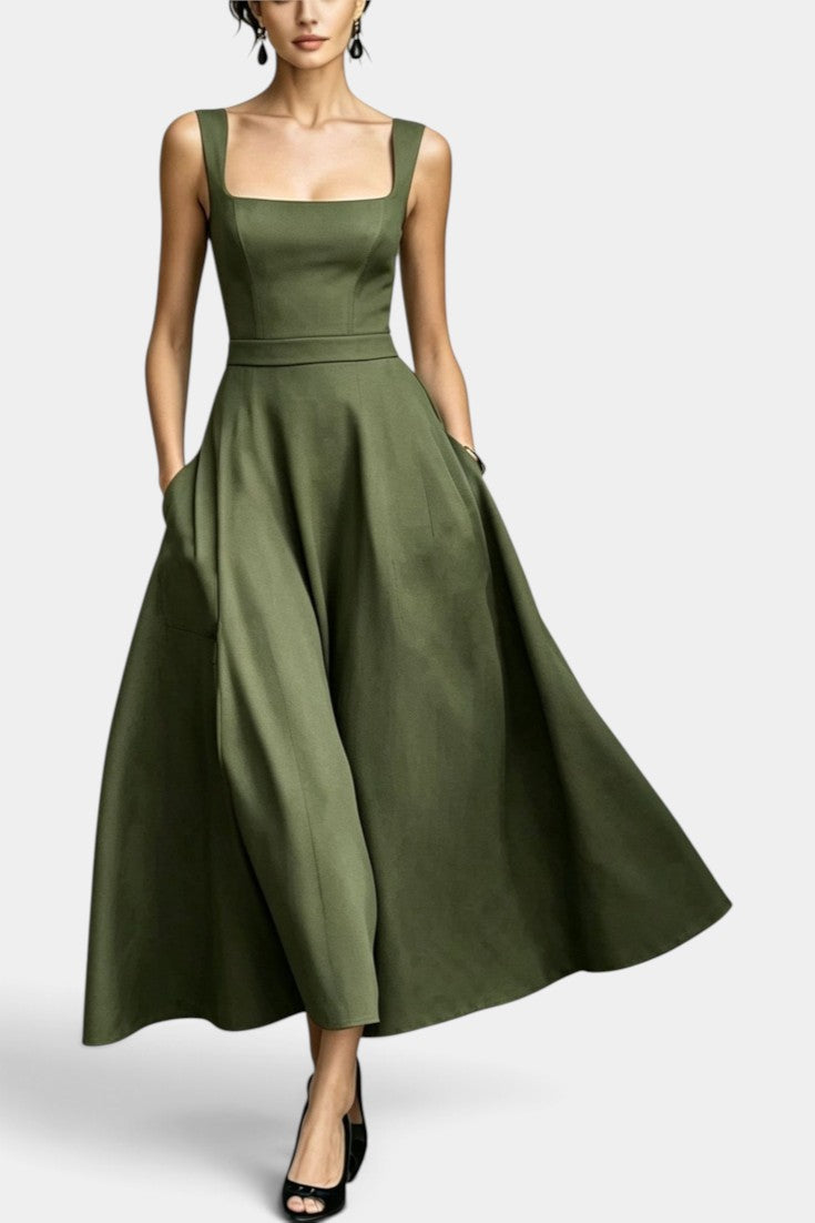 Amaranta - Vestido Midi Acampanado con Escote Cuadrado y Bolsillos
