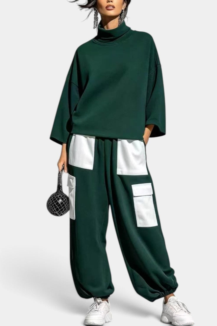 Alejandra - Conjunto Casual Cuello Alto y Pantalón Cargo Contrastado