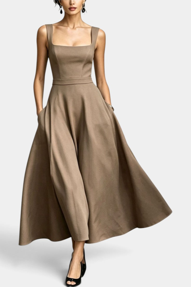 Amaranta - Vestido Midi Acampanado con Escote Cuadrado y Bolsillos