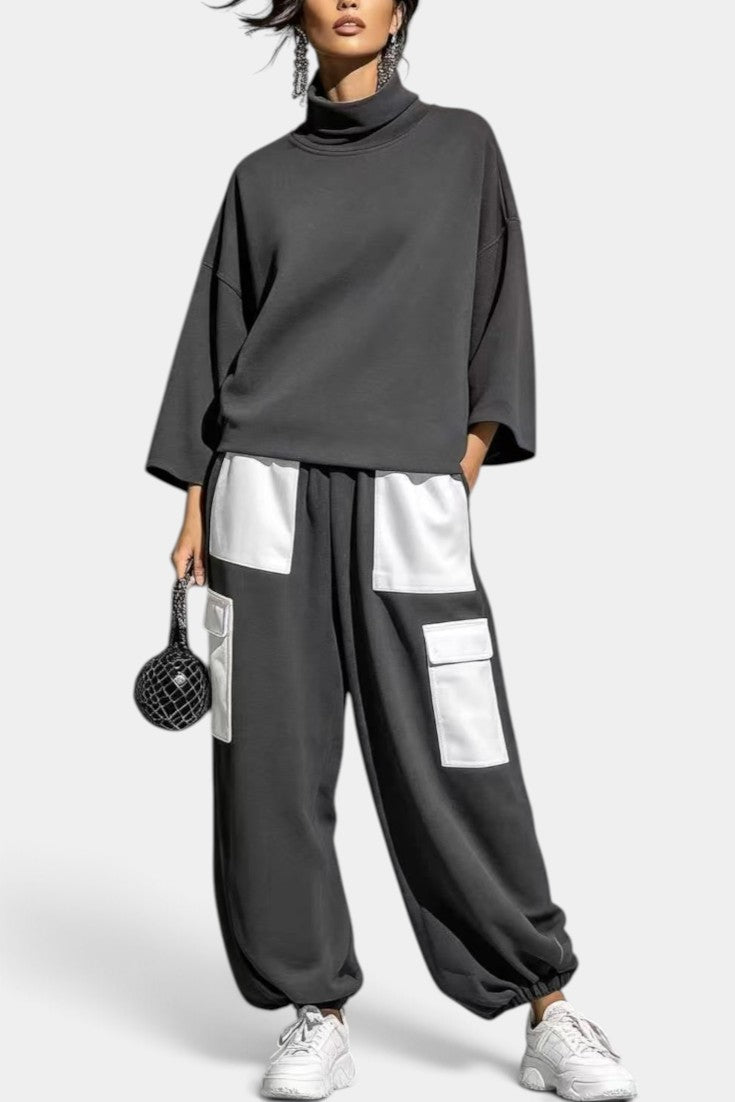 Alejandra - Conjunto Casual Cuello Alto y Pantalón Cargo Contrastado