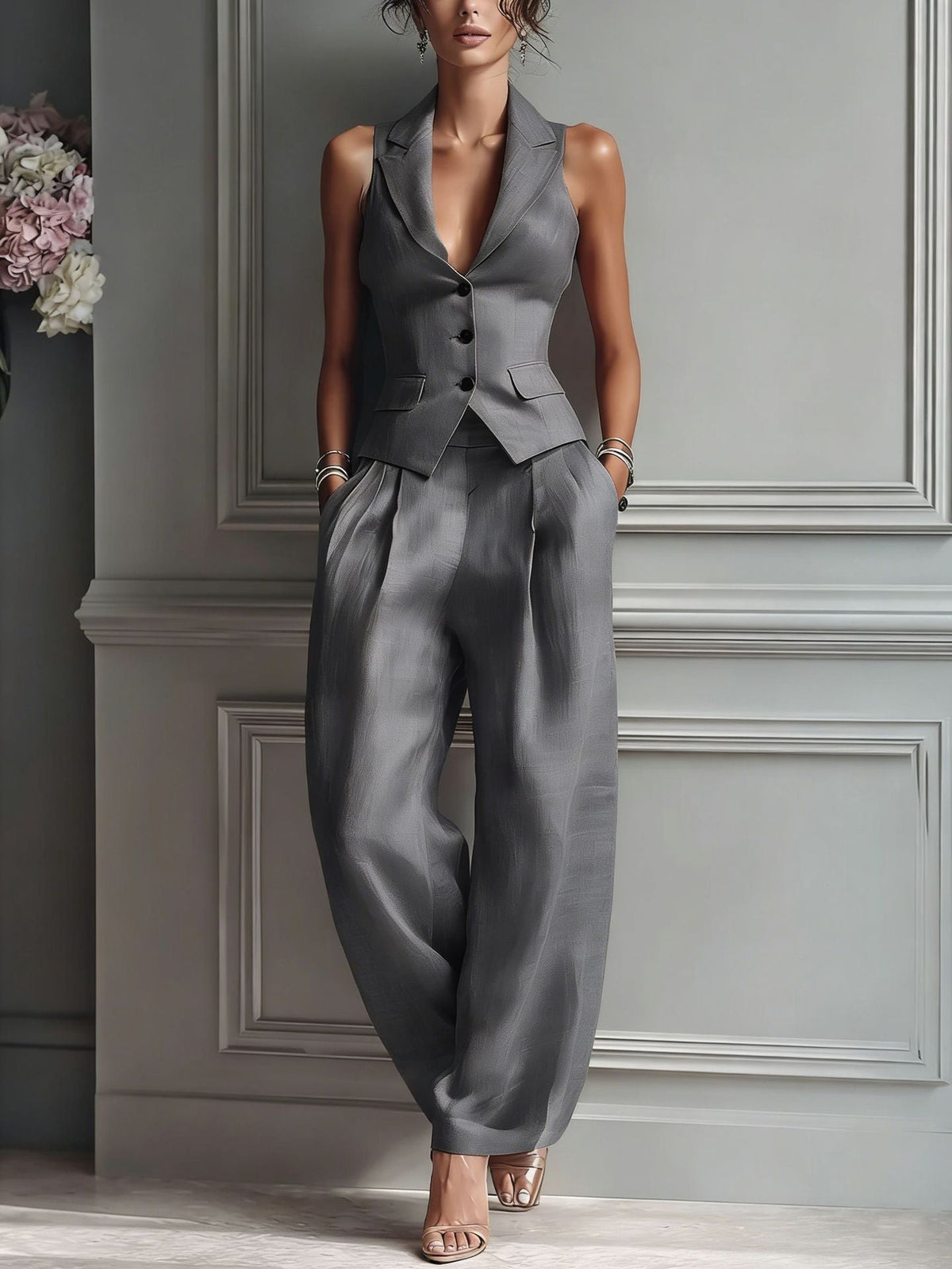 Conjunto de dos piezas para mujer con cuello en V y botones
