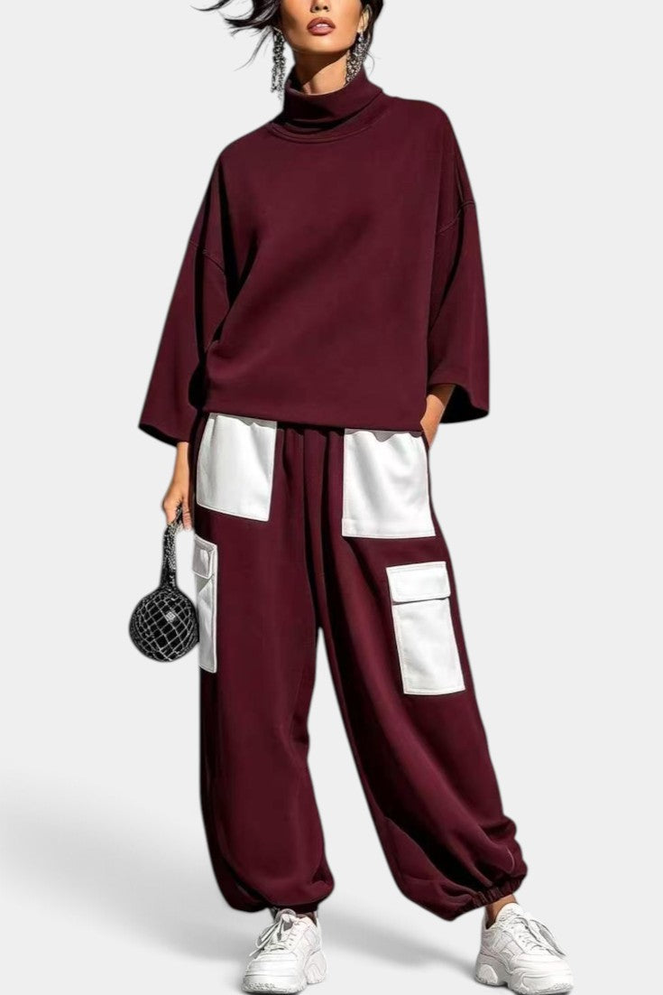 Alejandra - Conjunto Casual Cuello Alto y Pantalón Cargo Contrastado