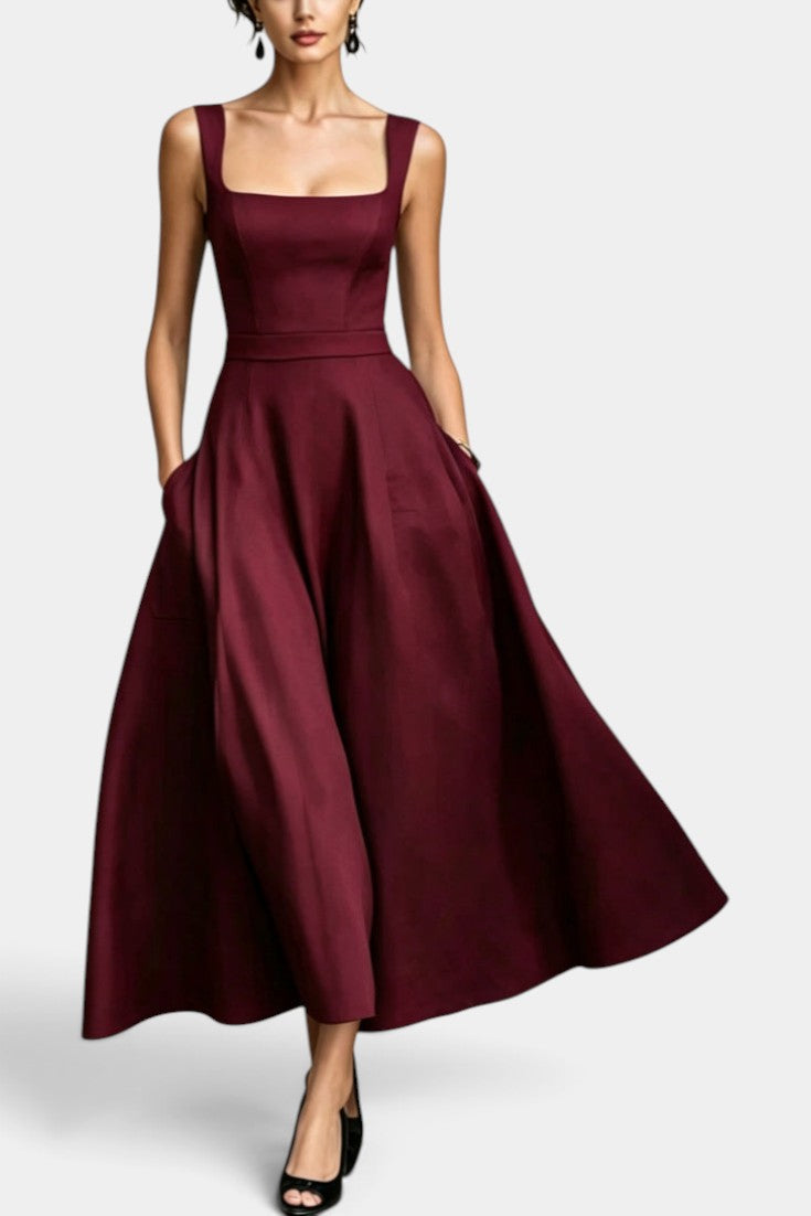 Amaranta - Vestido Midi Acampanado con Escote Cuadrado y Bolsillos