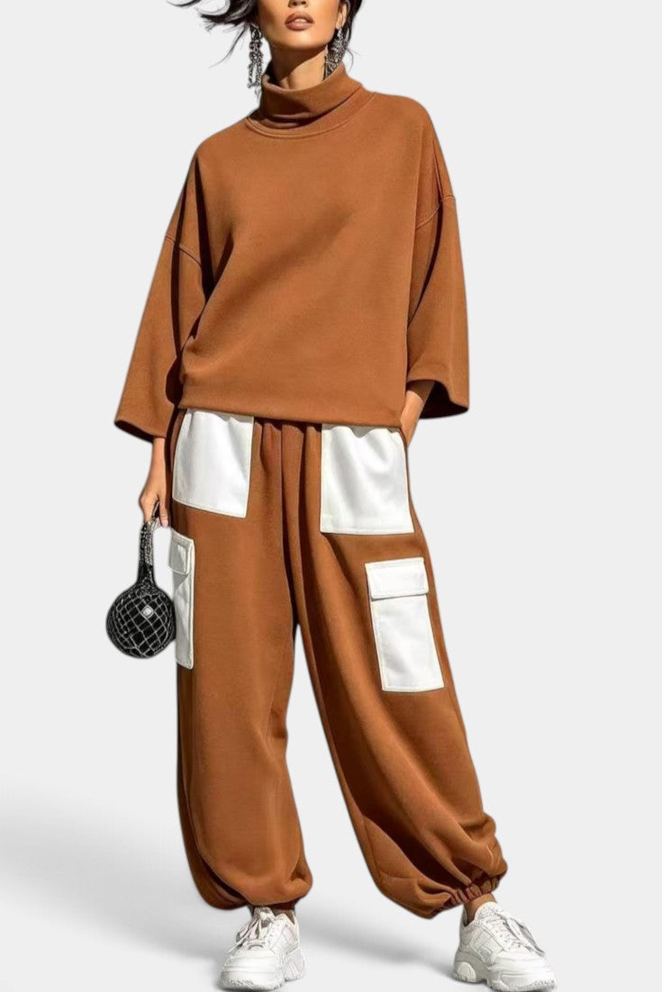 Alejandra - Conjunto Casual Cuello Alto y Pantalón Cargo Contrastado