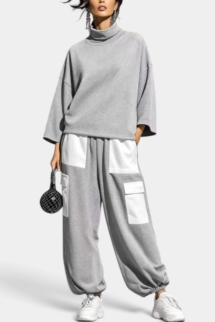 Alejandra - Conjunto Casual Cuello Alto y Pantalón Cargo Contrastado