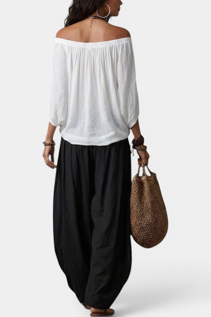 Gersande - Conjunto Blusa Hombros Descubiertos y Pantalón Amplio