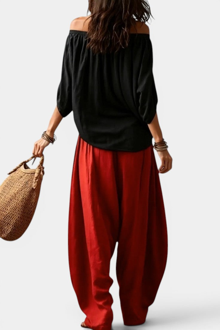 Gersande - Conjunto Blusa Hombros Descubiertos y Pantalón Amplio