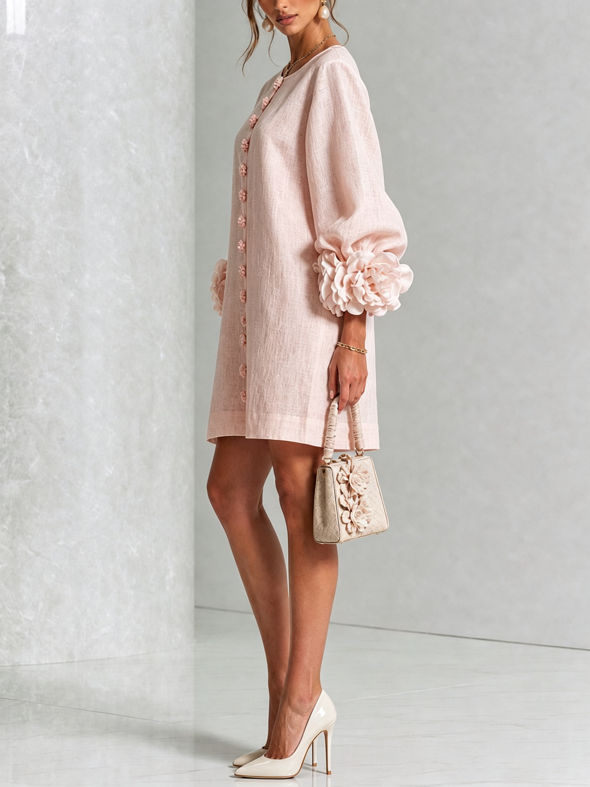 Vestido Mini Blanco con Botones Florales y Mangas Florales Extravagantes