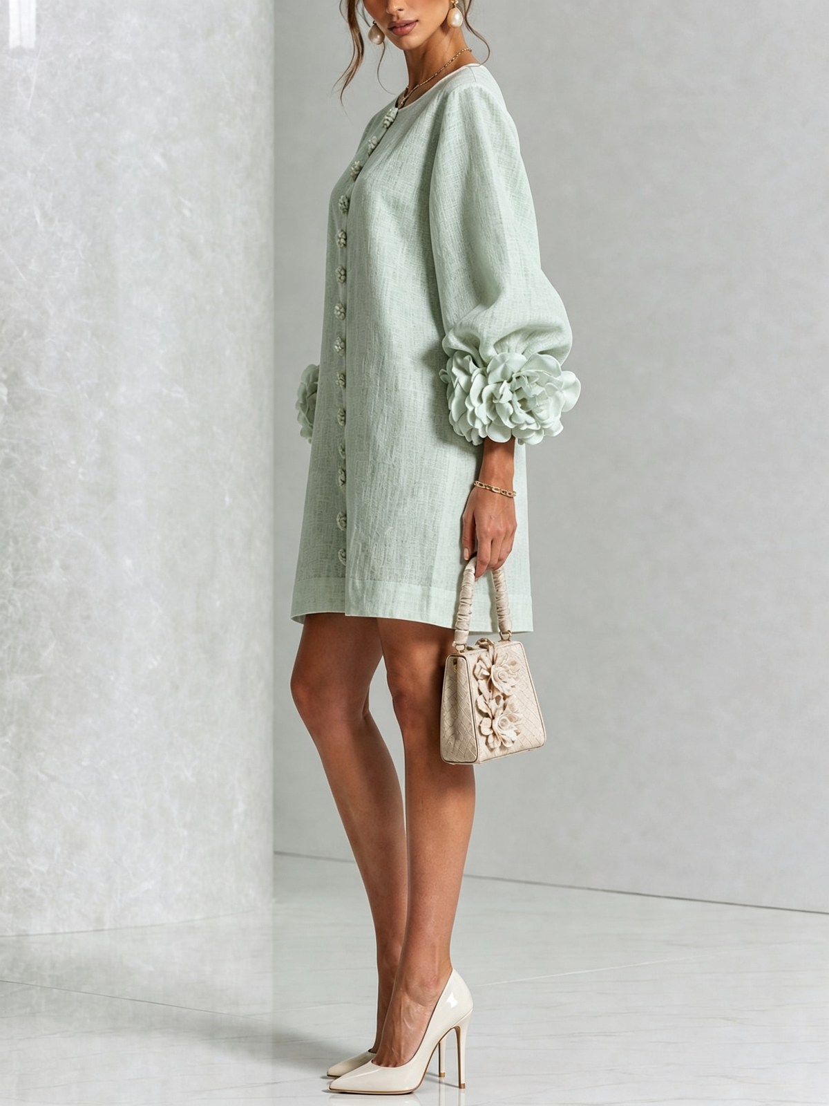 Vestido Mini Blanco con Botones Florales y Mangas Florales Extravagantes