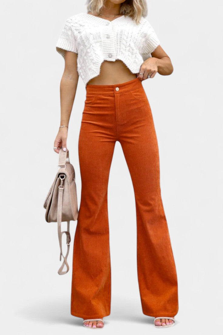 Kiara Pantalones de Terciopelo de Cintura Alta y Pierna Ancha