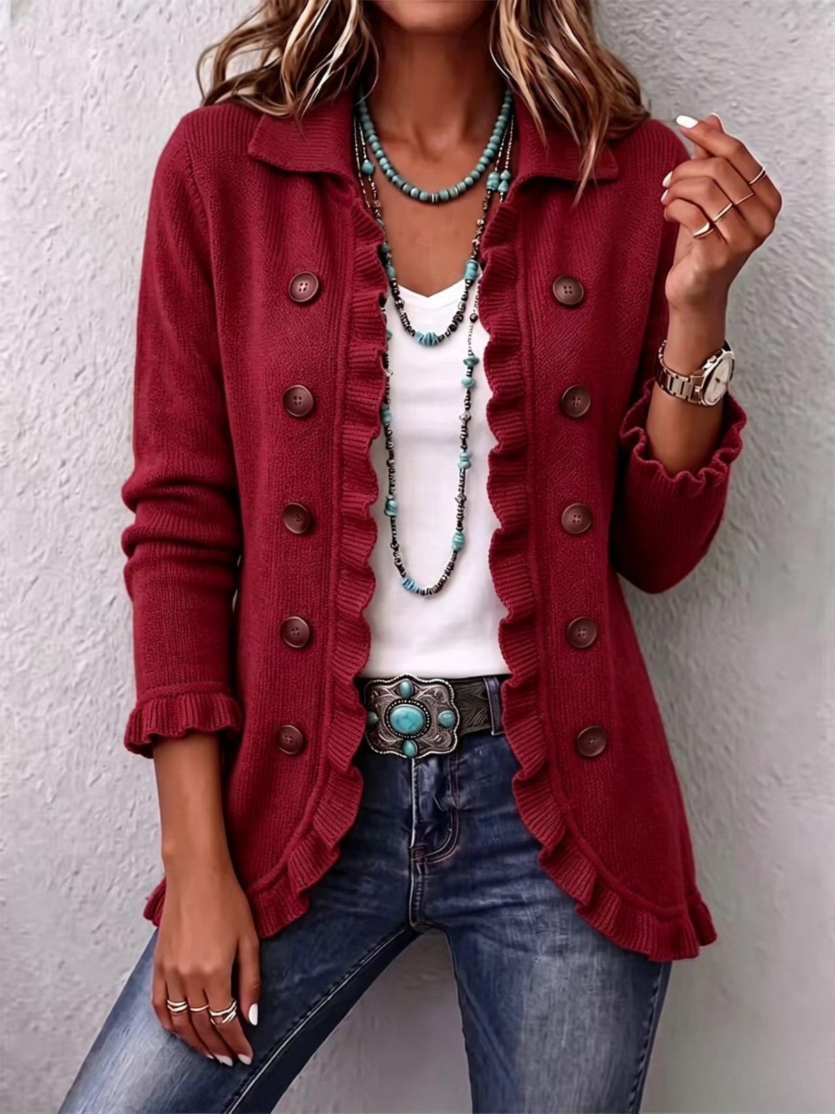 Marta | Chaqueta de Punto Rojo Rubí con Volantes