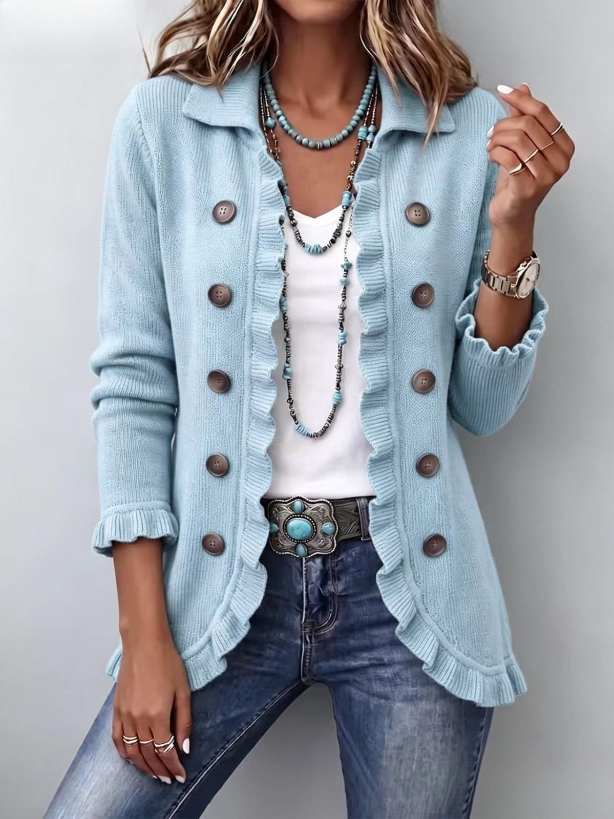 Perla | Chaqueta de Punto Azul Polvo con Volantes