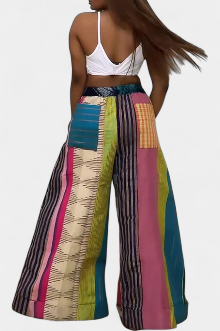 Claudine - Pantalón Ancho de Rayas con Cordón en Contraste
