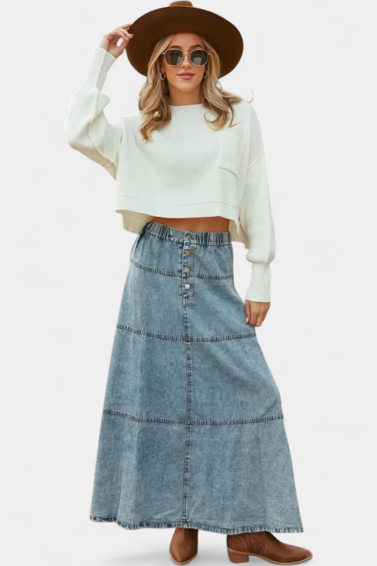 Lorraine - Falda Larga de Denim con Detalle de Plumas