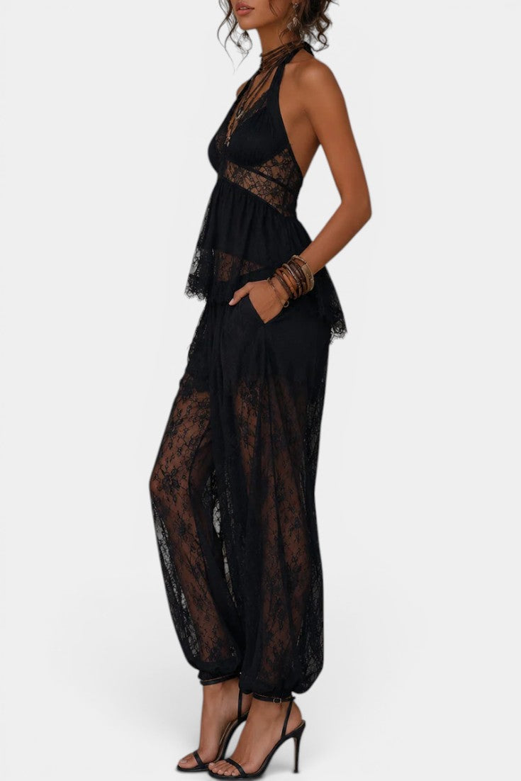 Zélie - Conjunto Top Halter de Encaje y Pantalón Bombacho