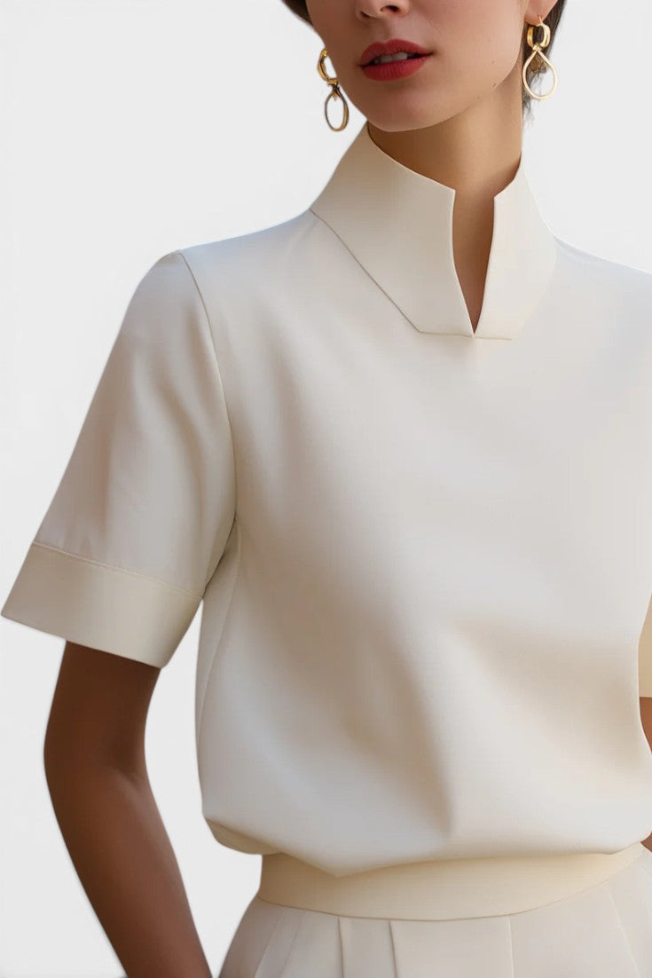 Harriet Blusa Cuello Mao Partido, Mangas Cortas con Vuelta y Dobladillo Elástico