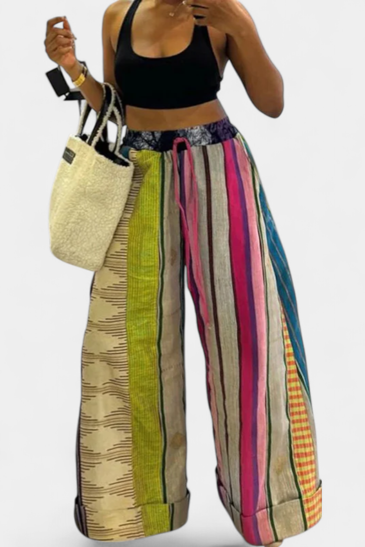 Claudine - Pantalón Ancho de Rayas con Cordón en Contraste
