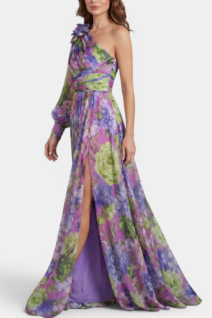 Avelisse - Vestido Largo Floral Hombro Asimétrico con Abertura