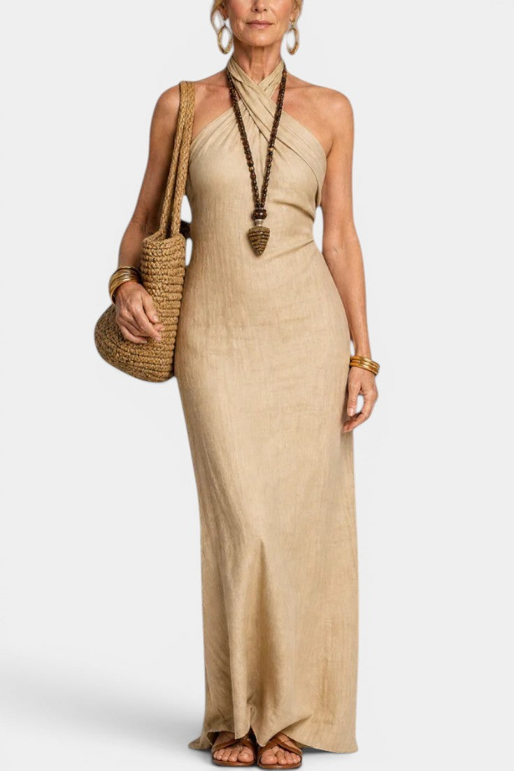 Apolline - Vestido Largo Halter Cruzado con Espalda Anudada